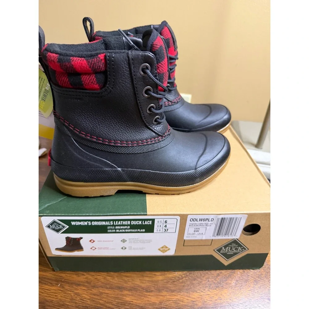 Muck Boot Originals Leather Duck Lace Black Buffalo Plaid Waterproof ODLW6PLD 6W